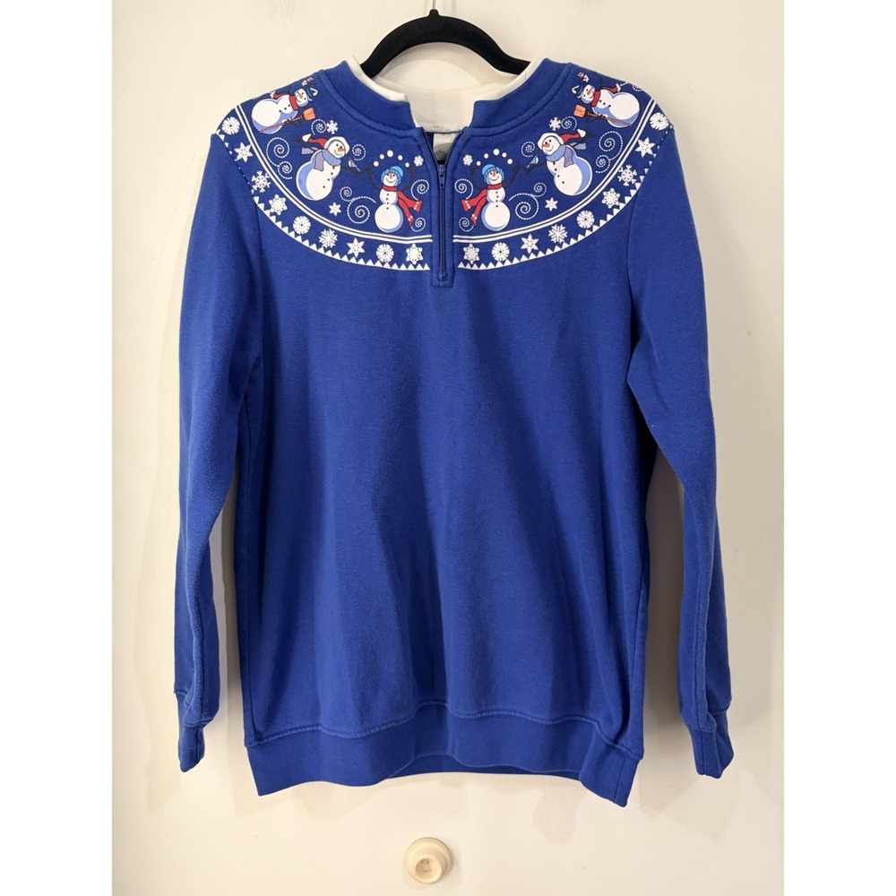 Vintage Blair Snowman Christmas 1/4 Zip‎ Sweatshirt Blue Women's Medium Holiday